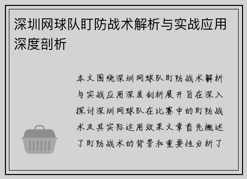 深圳网球队盯防战术解析与实战应用深度剖析