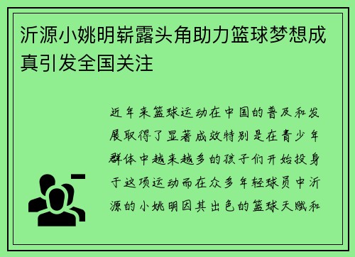 沂源小姚明崭露头角助力篮球梦想成真引发全国关注