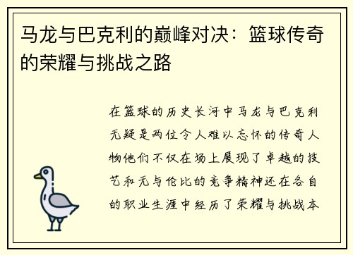 马龙与巴克利的巅峰对决：篮球传奇的荣耀与挑战之路